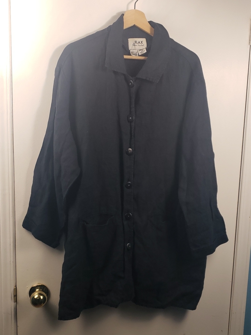 Flax Jeanne Engelhart Linen Shacket Button Jacket Black Pockets Lagenlook Large